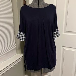 Suzanne Betro | Navy Gingham-Sleeve Pleated Tunic